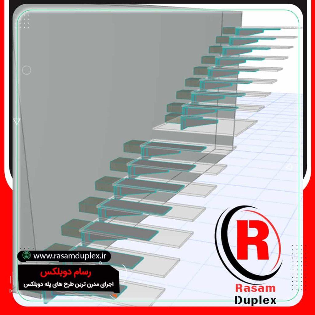 طراحی راه پله معلق شیشه ای سنگی فلزی